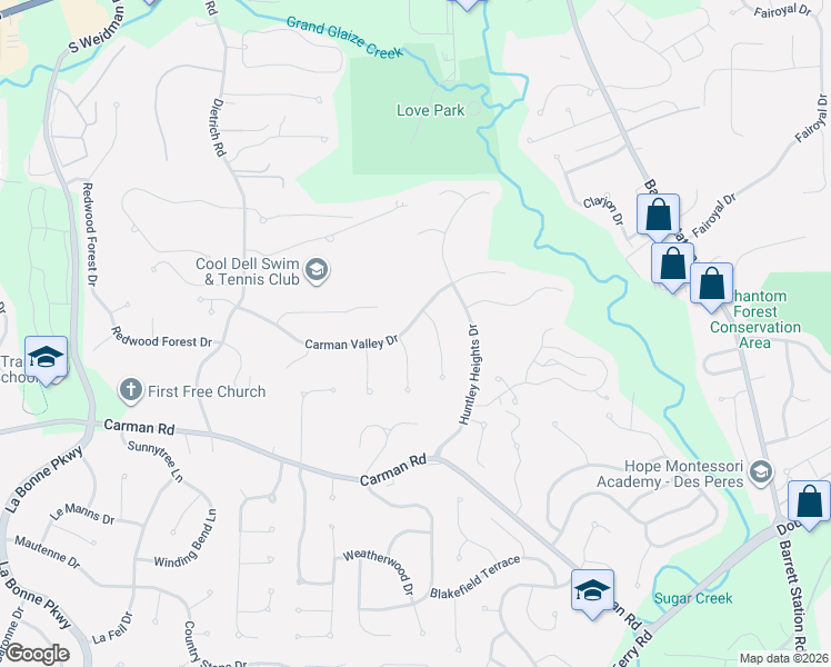 map of restaurants, bars, coffee shops, grocery stores, and more near 619 Amberwood Lane in Ballwin