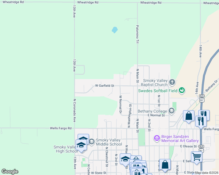 map of restaurants, bars, coffee shops, grocery stores, and more near 405 West Garfield Street in Lindsborg