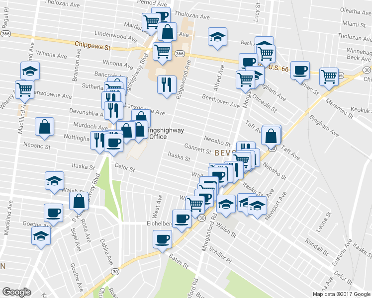 map of restaurants, bars, coffee shops, grocery stores, and more near 4426 Gannett Street in St. Louis