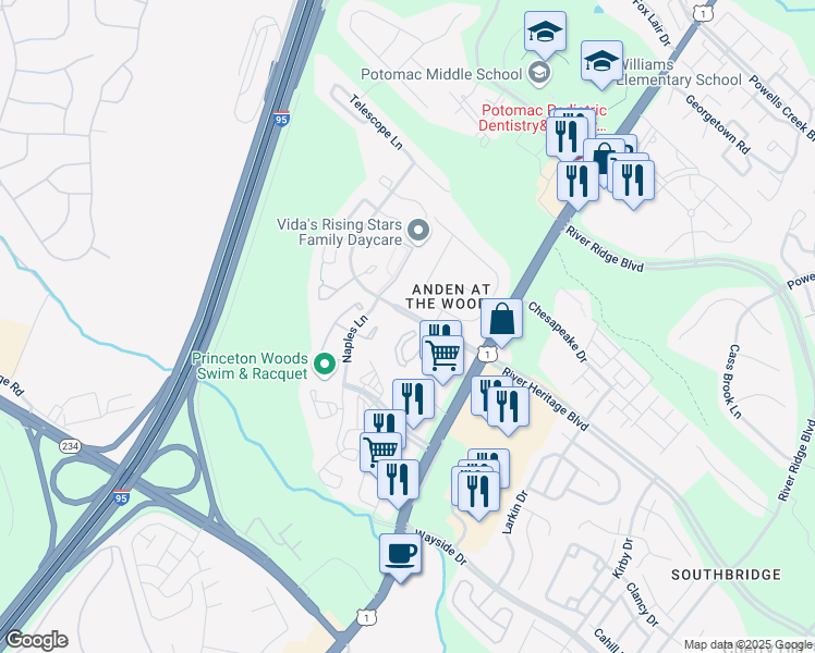 map of restaurants, bars, coffee shops, grocery stores, and more near 3335 William Johnston Lane in Dumfries