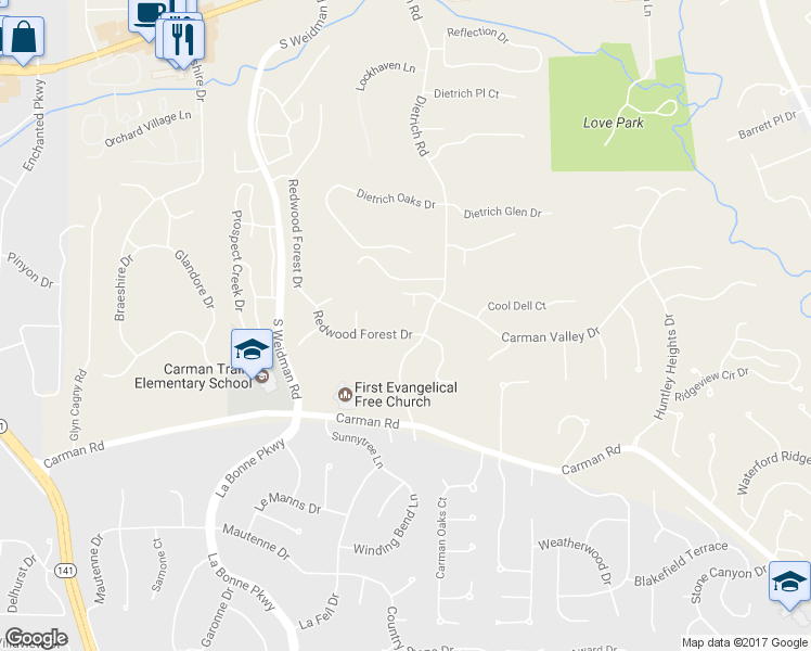 map of restaurants, bars, coffee shops, grocery stores, and more near 1445 Redwood Forest Drive in Ballwin