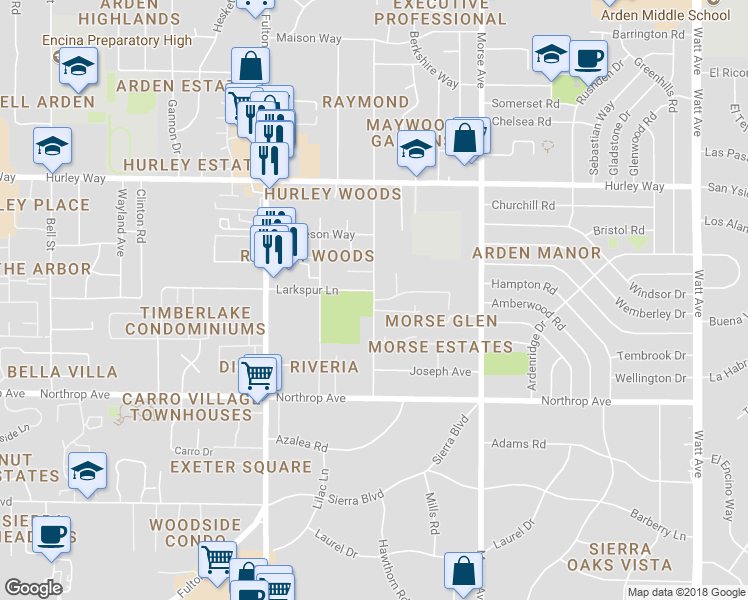 map of restaurants, bars, coffee shops, grocery stores, and more near Jonas Avenue & Sierra Mills Lane in Sacramento