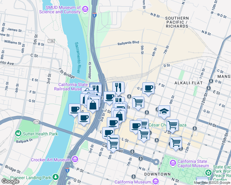 map of restaurants, bars, coffee shops, grocery stores, and more near 401 I Street in Sacramento