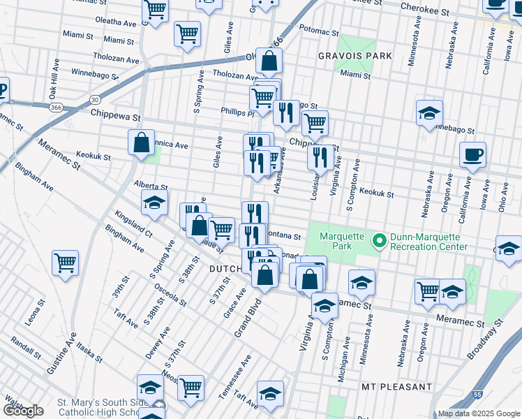 map of restaurants, bars, coffee shops, grocery stores, and more near 3523 Osage Street in St. Louis