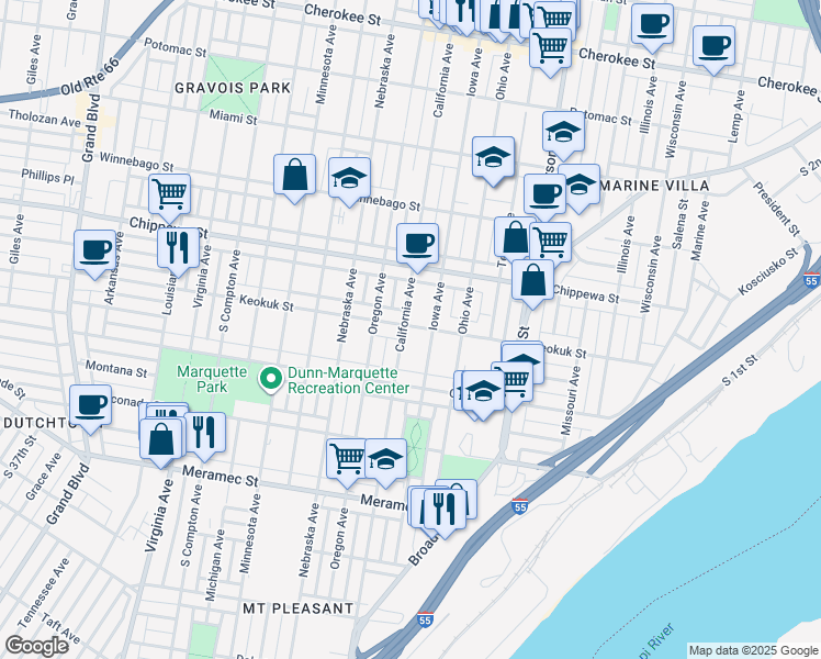 map of restaurants, bars, coffee shops, grocery stores, and more near 2750 Keokuk Street in St. Louis