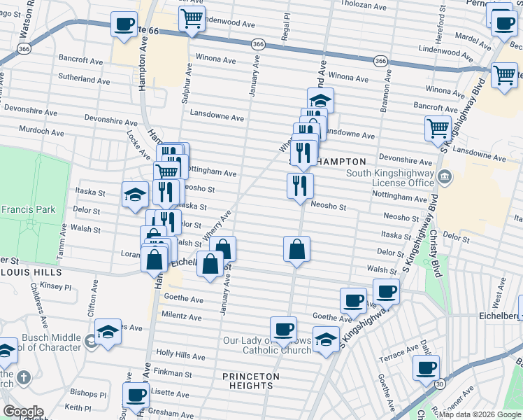 map of restaurants, bars, coffee shops, grocery stores, and more near 5447 Itaska Street in St. Louis