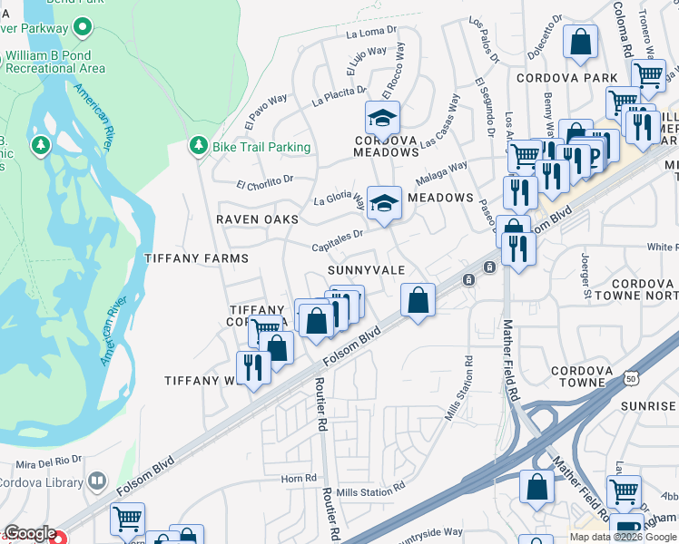 map of restaurants, bars, coffee shops, grocery stores, and more near 2616 Bravado Drive in Rancho Cordova