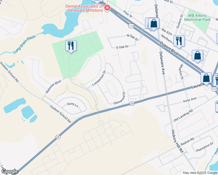 map of restaurants, bars, coffee shops, grocery stores, and more near 25311 Shelby Court in Millsboro