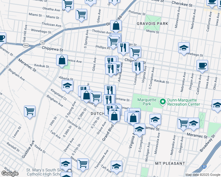 map of restaurants, bars, coffee shops, grocery stores, and more near 3527 Osage Street in St. Louis
