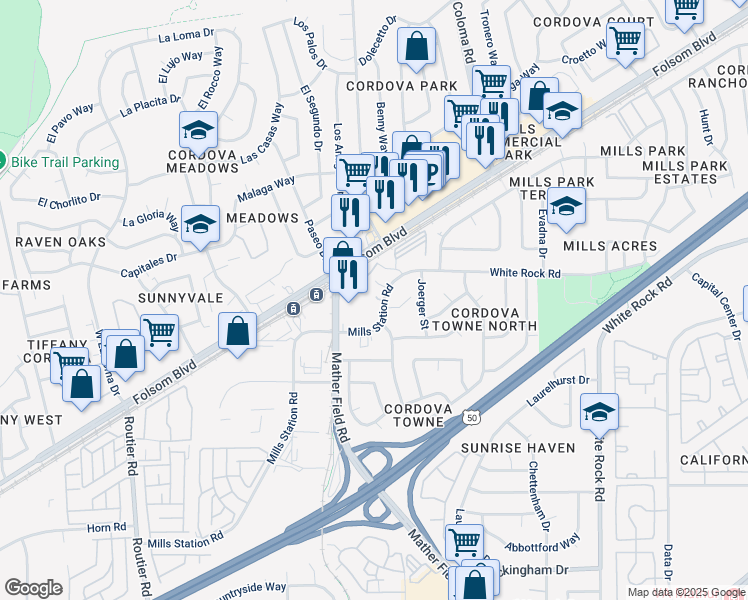 map of restaurants, bars, coffee shops, grocery stores, and more near 10279 Mills Station Road in Rancho Cordova