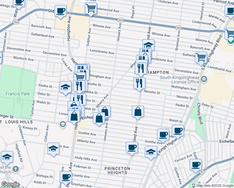 map of restaurants, bars, coffee shops, grocery stores, and more near 5521 Itaska Street in St. Louis