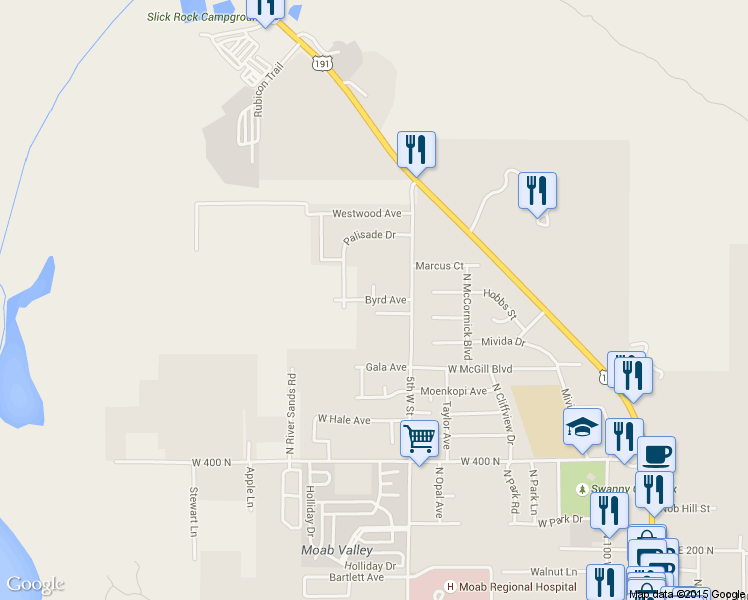 map of restaurants, bars, coffee shops, grocery stores, and more near Byrd Avenue in Moab