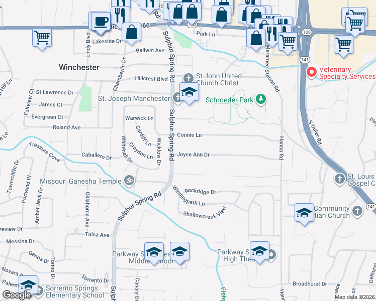 map of restaurants, bars, coffee shops, grocery stores, and more near 514 Joyceann Drive in Ballwin