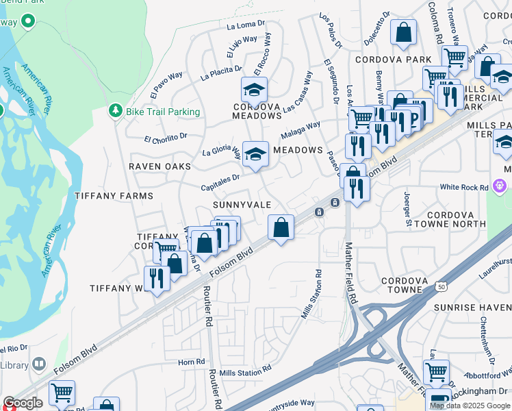 map of restaurants, bars, coffee shops, grocery stores, and more near 2725 El Parque Circle in Rancho Cordova