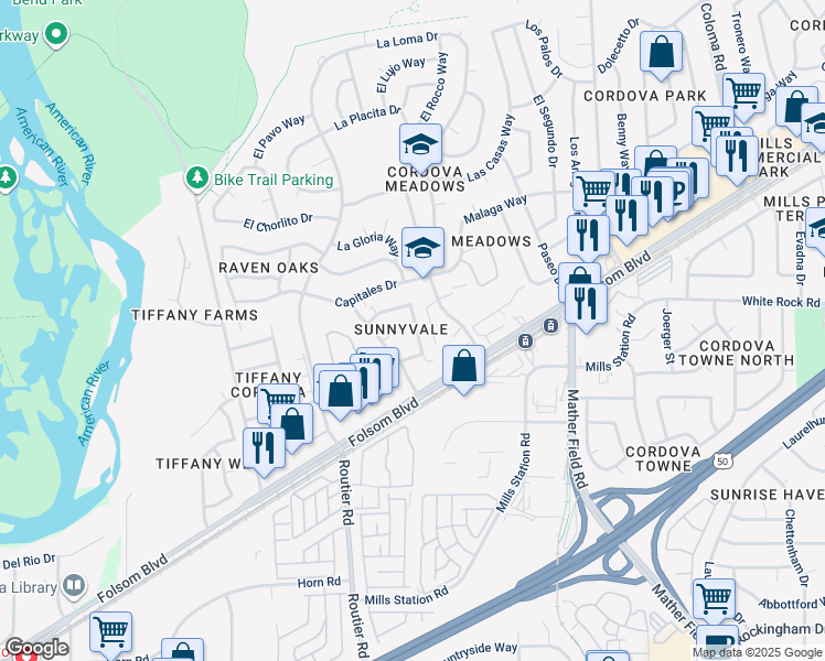 map of restaurants, bars, coffee shops, grocery stores, and more near 2725 El Parque Circle in Rancho Cordova
