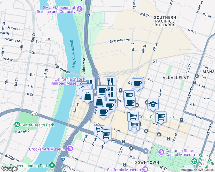 map of restaurants, bars, coffee shops, grocery stores, and more near 2811 I Street Bridge in Sacramento