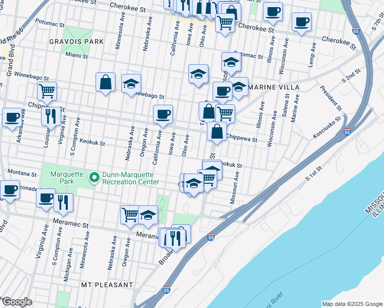 map of restaurants, bars, coffee shops, grocery stores, and more near 3910 Ohio Avenue in St. Louis