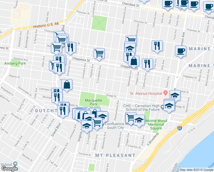 map of restaurants, bars, coffee shops, grocery stores, and more near 3935 Minnesota Avenue in St. Louis