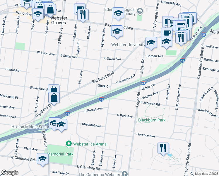 map of restaurants, bars, coffee shops, grocery stores, and more near 346 Selma Avenue in Webster Groves