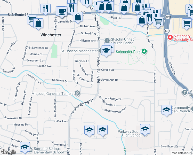 map of restaurants, bars, coffee shops, grocery stores, and more near 521 Sulphur Spring Road in Ballwin