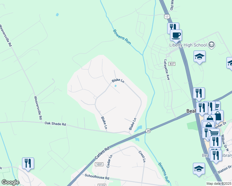 map of restaurants, bars, coffee shops, grocery stores, and more near 10942 Rugby Drive in Bealeton