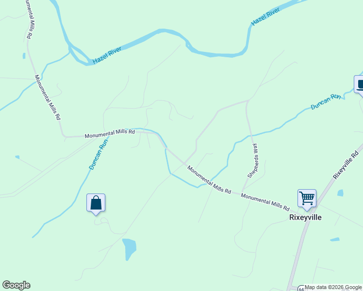 map of restaurants, bars, coffee shops, grocery stores, and more near 8697 Monumental Mills Road in Rixeyville