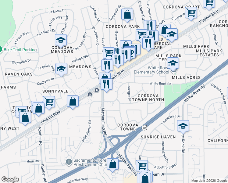 map of restaurants, bars, coffee shops, grocery stores, and more near 10301 Mills Station Road in Rancho Cordova