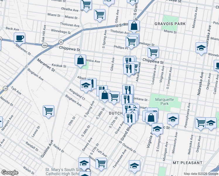 map of restaurants, bars, coffee shops, grocery stores, and more near 3673 Liermann Avenue in St. Louis