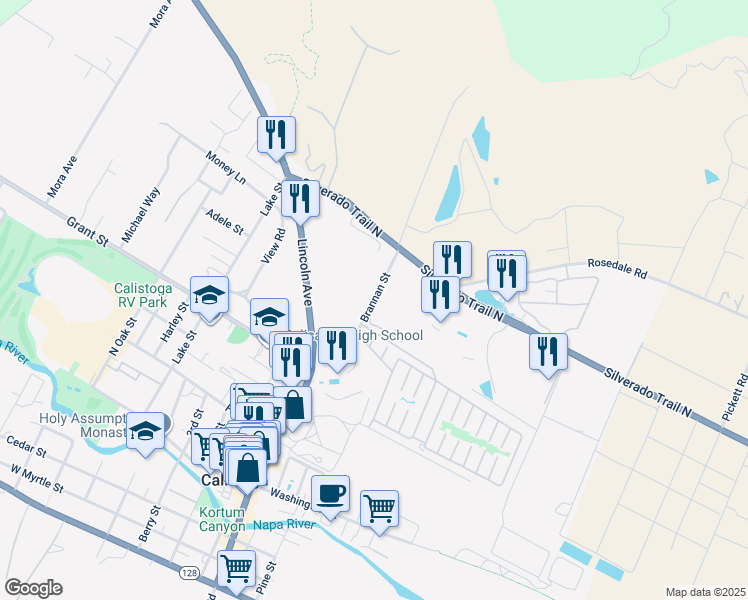 map of restaurants, bars, coffee shops, grocery stores, and more near 43 Brannan Street in Calistoga