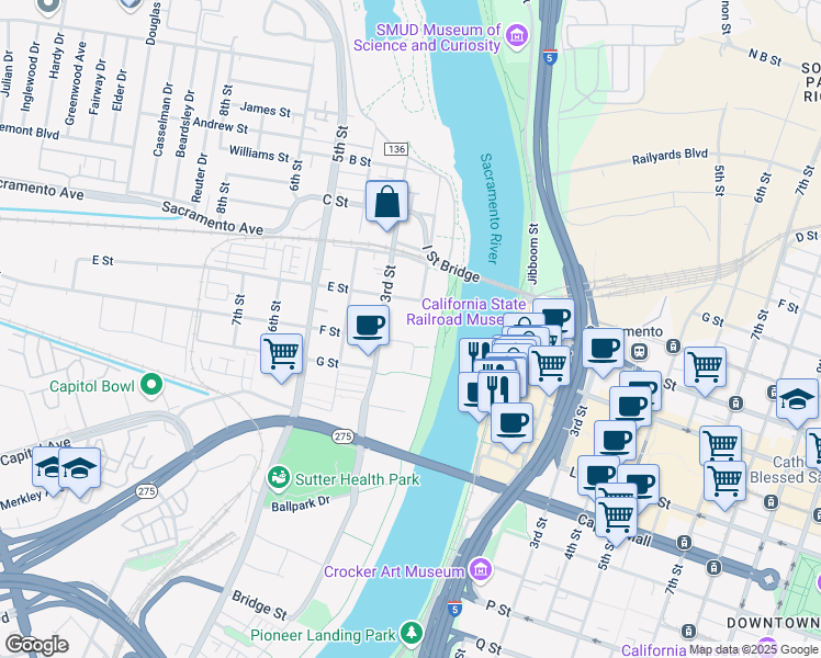 map of restaurants, bars, coffee shops, grocery stores, and more near 200 Waterfront Place in West Sacramento