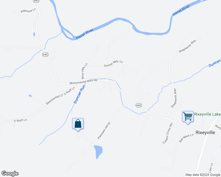 map of restaurants, bars, coffee shops, grocery stores, and more near 8572 Monumental Mills Road in Rixeyville
