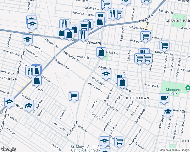 map of restaurants, bars, coffee shops, grocery stores, and more near 3934 Meramec Street in St. Louis