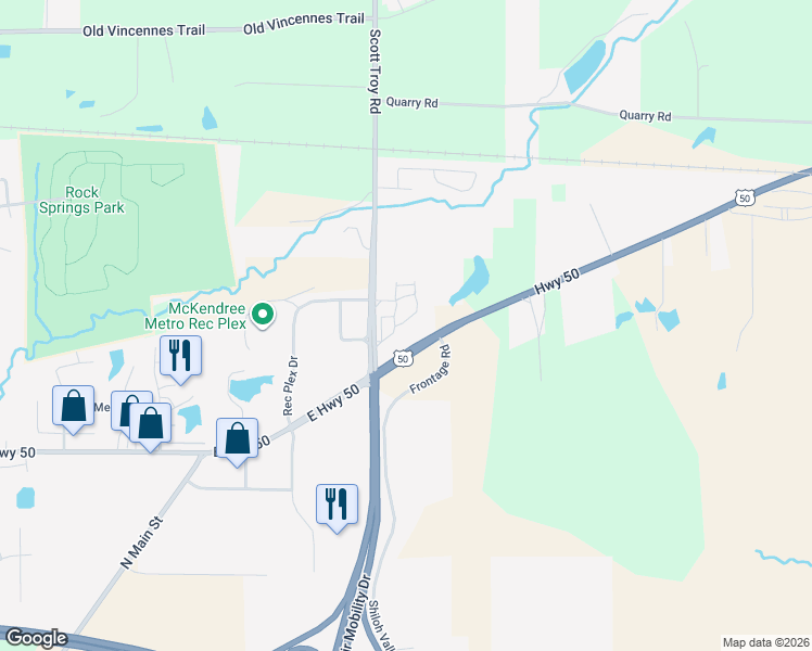map of restaurants, bars, coffee shops, grocery stores, and more near 8409 U.S. 50 in Lebanon