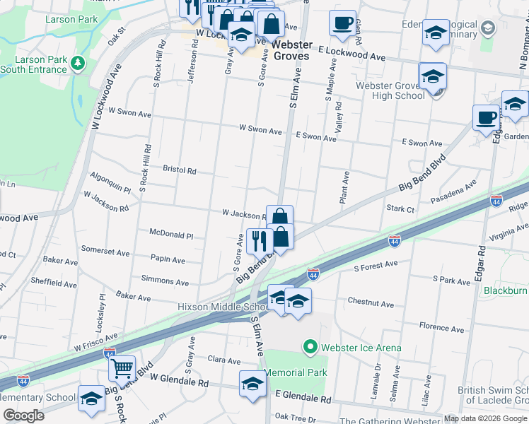 map of restaurants, bars, coffee shops, grocery stores, and more near 403 South Elm Avenue in Webster Groves