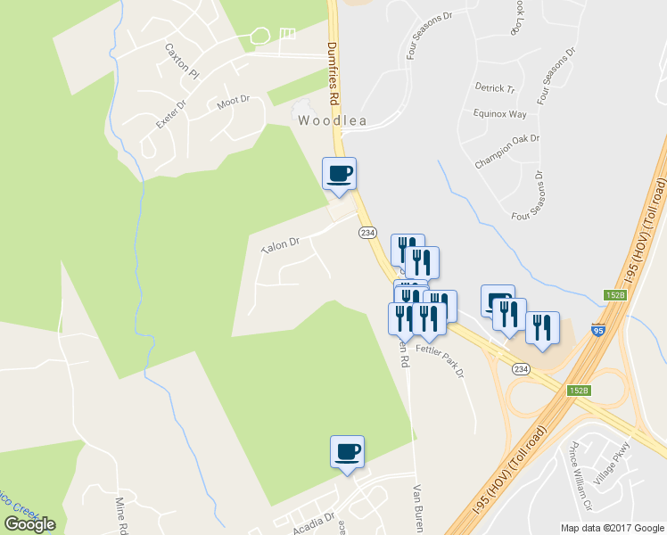 map of restaurants, bars, coffee shops, grocery stores, and more near 16969 Horton Court in Dumfries