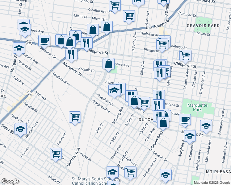 map of restaurants, bars, coffee shops, grocery stores, and more near 4047 Bamberger Avenue in St. Louis
