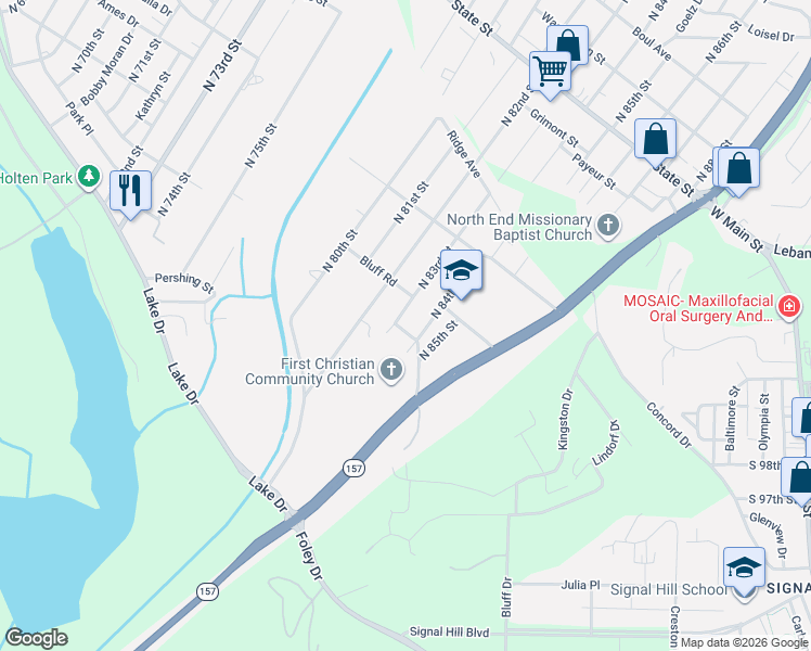 map of restaurants, bars, coffee shops, grocery stores, and more near 8306 Bluff Street in East St. Louis