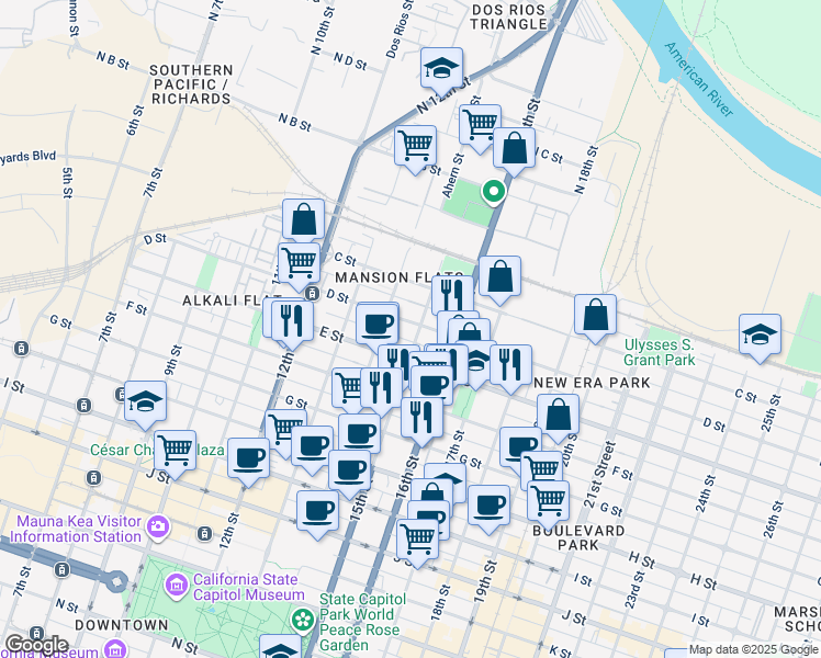 map of restaurants, bars, coffee shops, grocery stores, and more near 411 15th Street in Sacramento