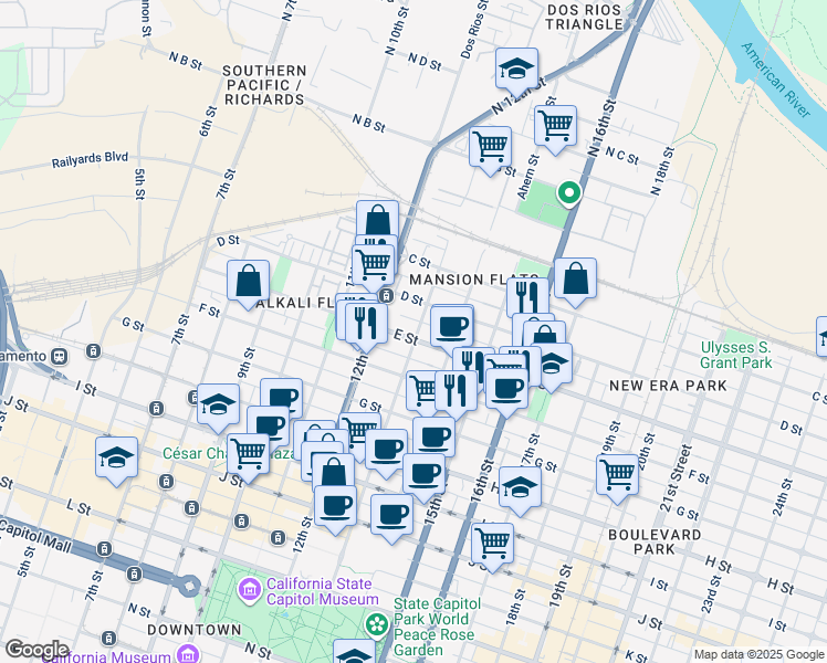 map of restaurants, bars, coffee shops, grocery stores, and more near 501 13th Street in Sacramento