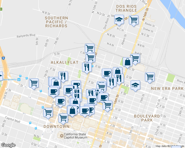 map of restaurants, bars, coffee shops, grocery stores, and more near 1220 E Street in Sacramento