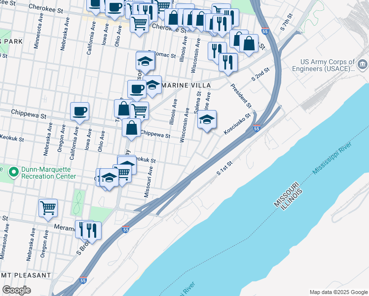 map of restaurants, bars, coffee shops, grocery stores, and more near 3835 Marine Avenue in St. Louis