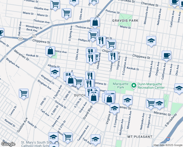 map of restaurants, bars, coffee shops, grocery stores, and more near in St. Louis
