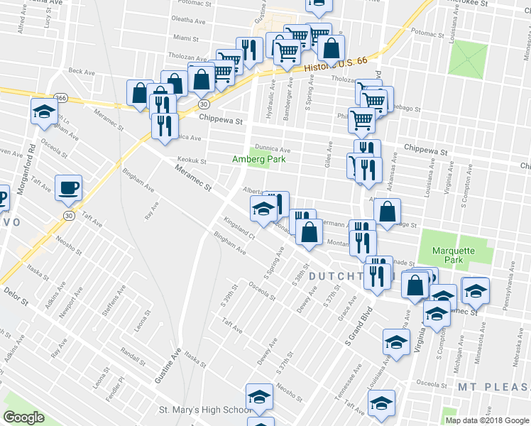map of restaurants, bars, coffee shops, grocery stores, and more near 4047 Bamberger Avenue in St. Louis