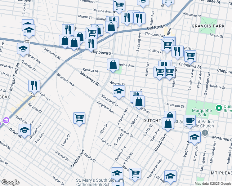 map of restaurants, bars, coffee shops, grocery stores, and more near 3914R Meramec Street in St. Louis