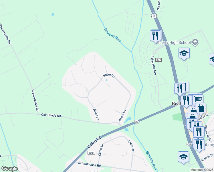 map of restaurants, bars, coffee shops, grocery stores, and more near 10942 Rugby Drive in Bealeton