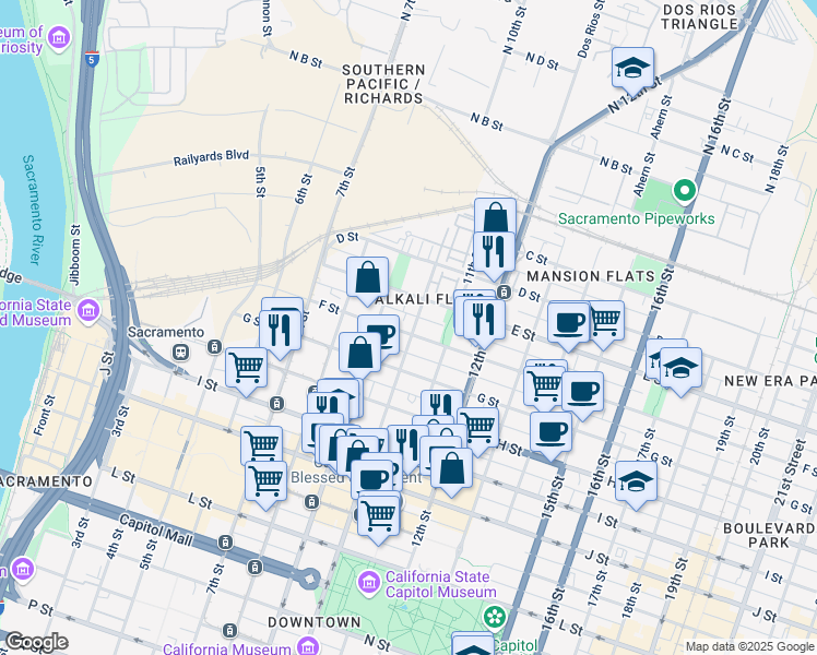 map of restaurants, bars, coffee shops, grocery stores, and more near 971 F Street in Sacramento
