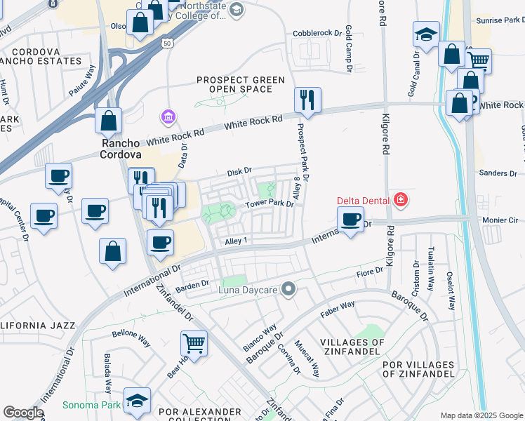 map of restaurants, bars, coffee shops, grocery stores, and more near 10931 Oakham Drive in Rancho Cordova