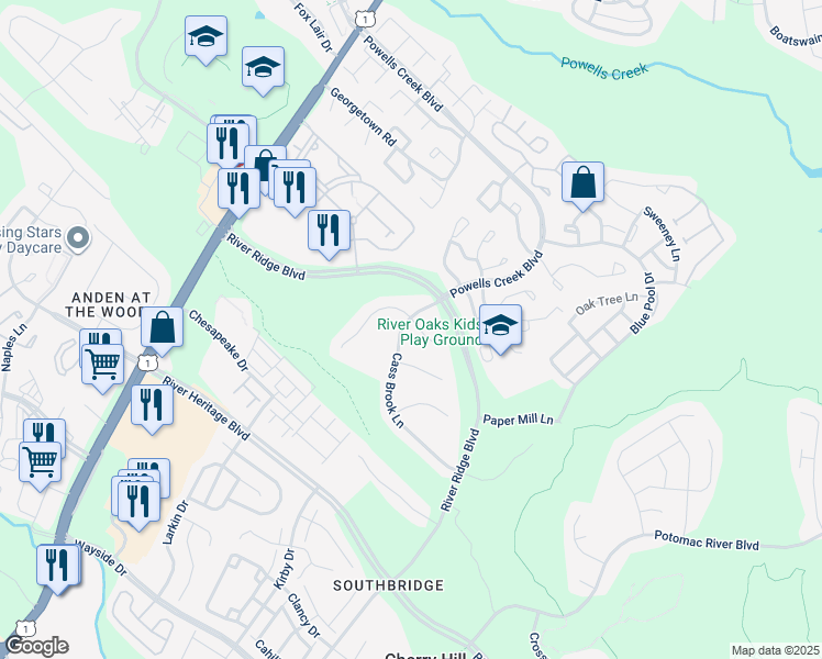 map of restaurants, bars, coffee shops, grocery stores, and more near 2837 Cleeve Hill Court in Woodbridge