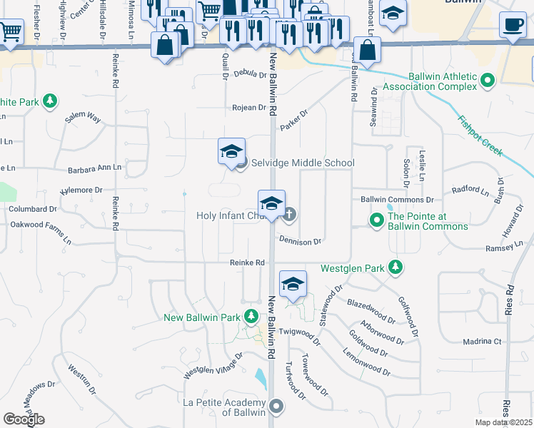 map of restaurants, bars, coffee shops, grocery stores, and more near 724 Stoney Creek Lane in Ballwin