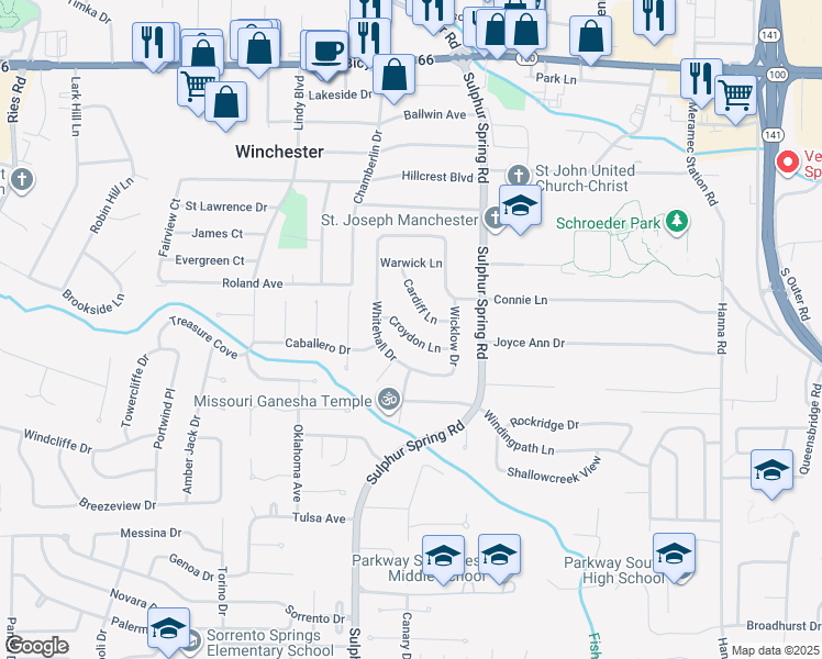 map of restaurants, bars, coffee shops, grocery stores, and more near 311 Croydon Lane in Ballwin